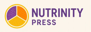 Nutrinity Press 로고 - 퍼플, 오렌지, 옐로우 컬러의 과일 모양 심볼과 퍼플 타이포그래피