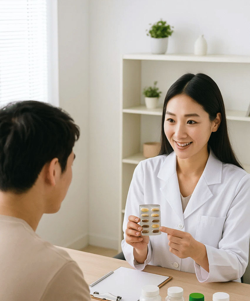 여자 영양사가 고객에게 다이어트 보조영양제 추천하는 모습